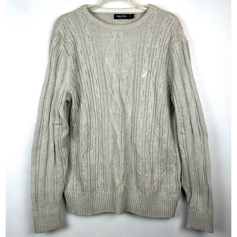 Nautica Sweater Mens Large Beige Cable Knit 100% Cotton Pullover Preppy Capsule